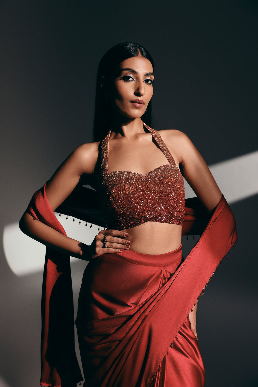 Crimson Ruby - Crystal Embellished Saree Set