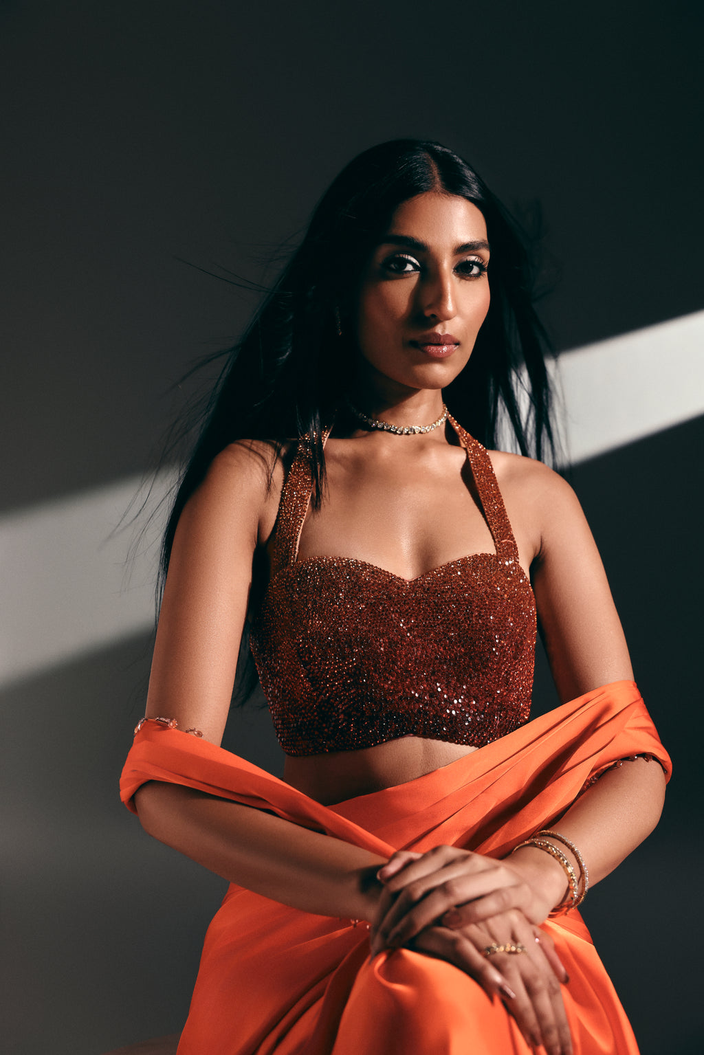Sunset Amber - Crystal Embellished Saree Set