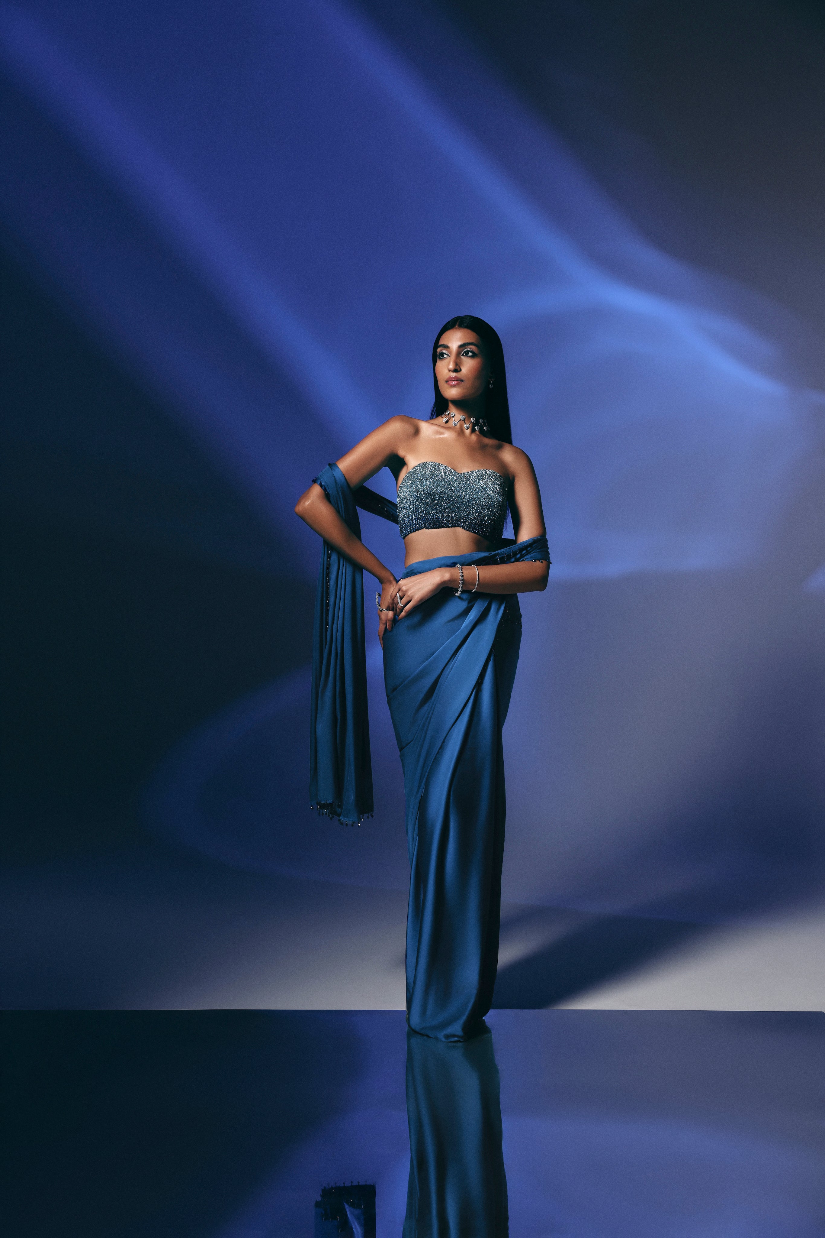 Midnight Sapphire - Crystal Embellished Saree Set