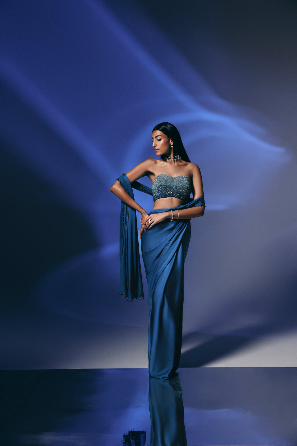 Midnight Sapphire - Crystal Embellished Saree Set