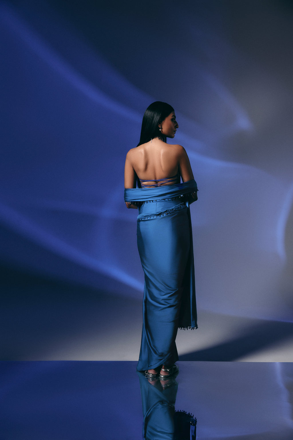 Midnight Sapphire - Crystal Embellished Saree Set