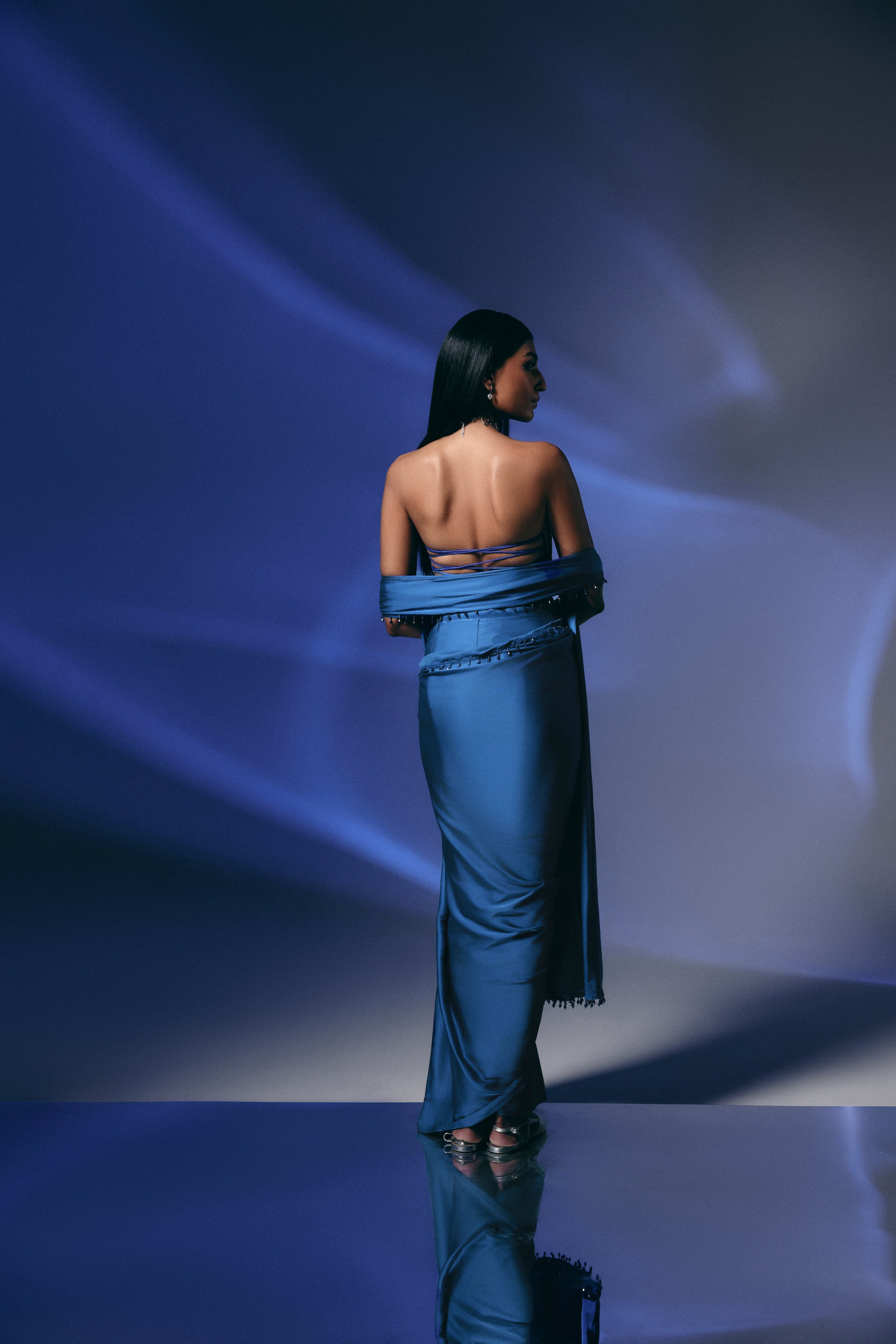 Midnight Sapphire - Crystal Embellished Saree Set