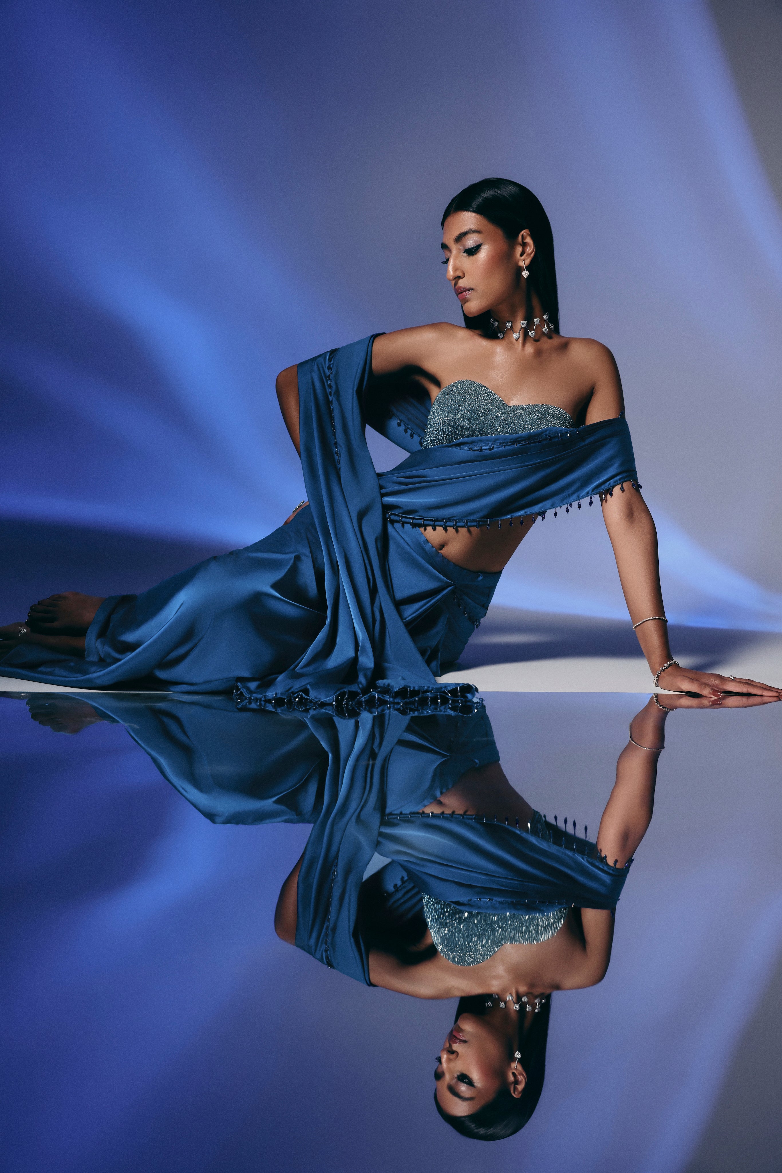 Midnight Sapphire - Crystal Embellished Saree Set