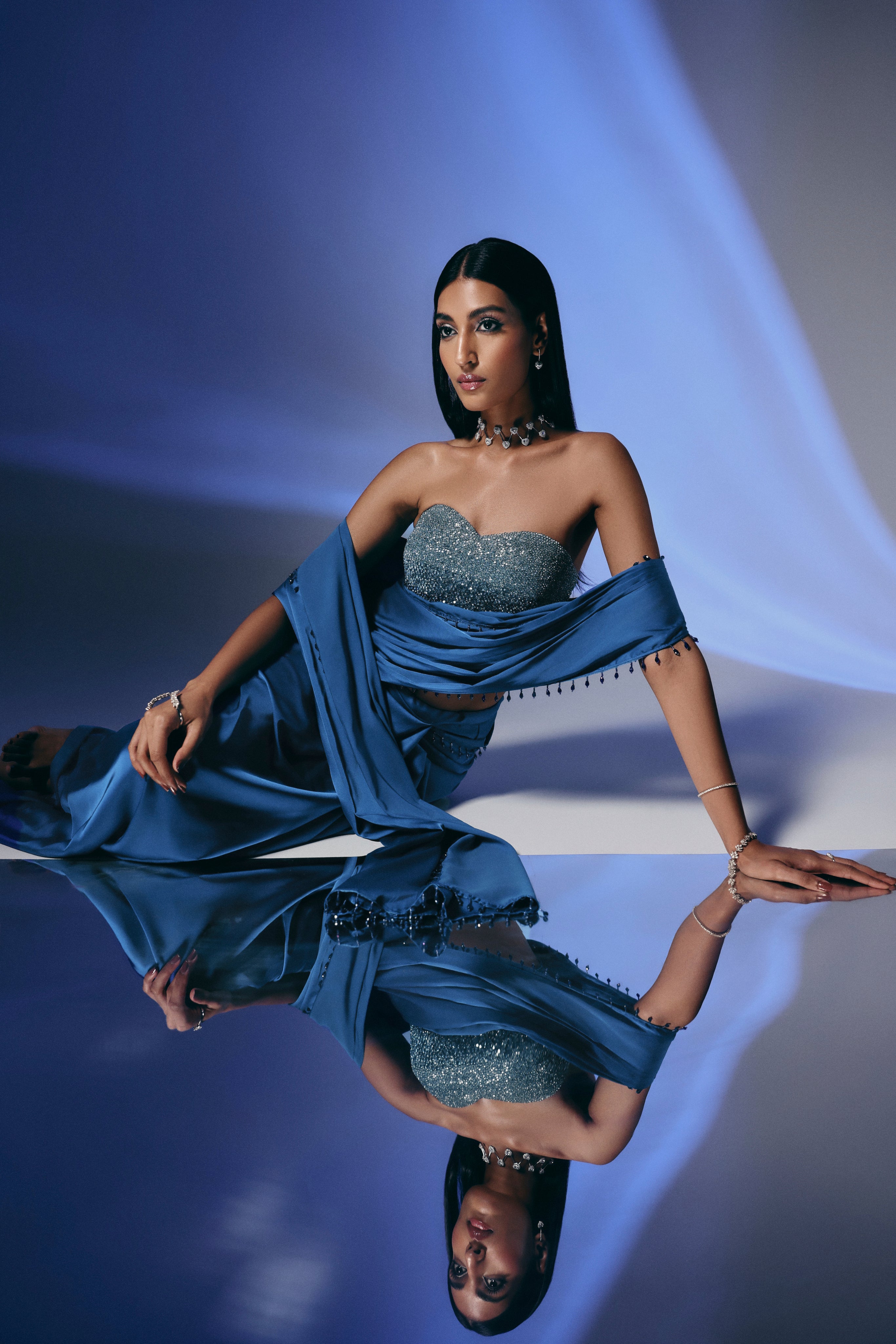 Midnight Sapphire - Crystal Embellished Saree Set
