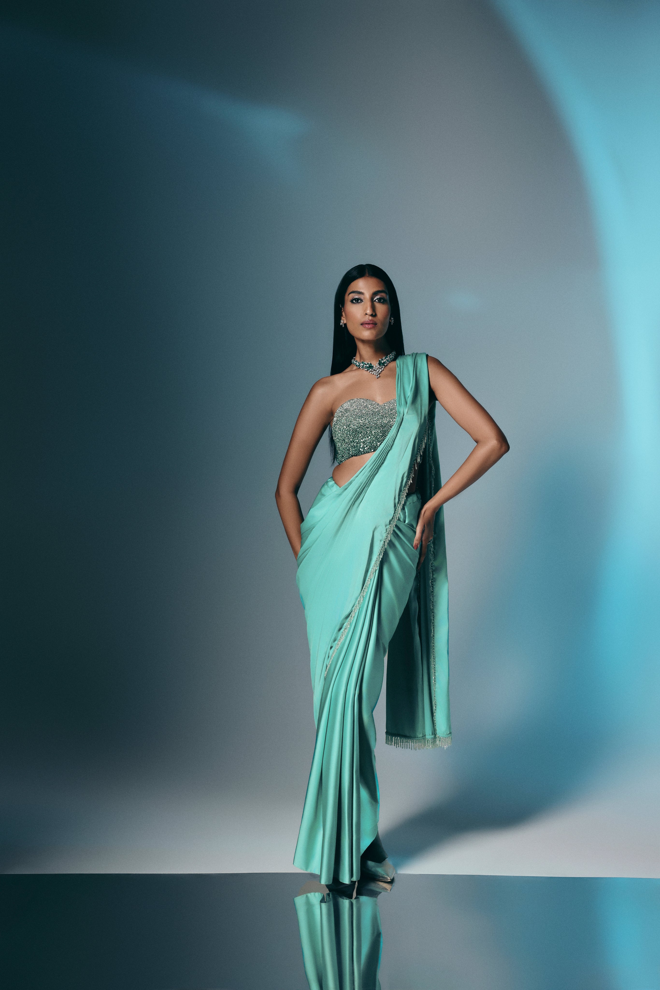 Tidal Aquamarine - Crystal Embellished Saree Set