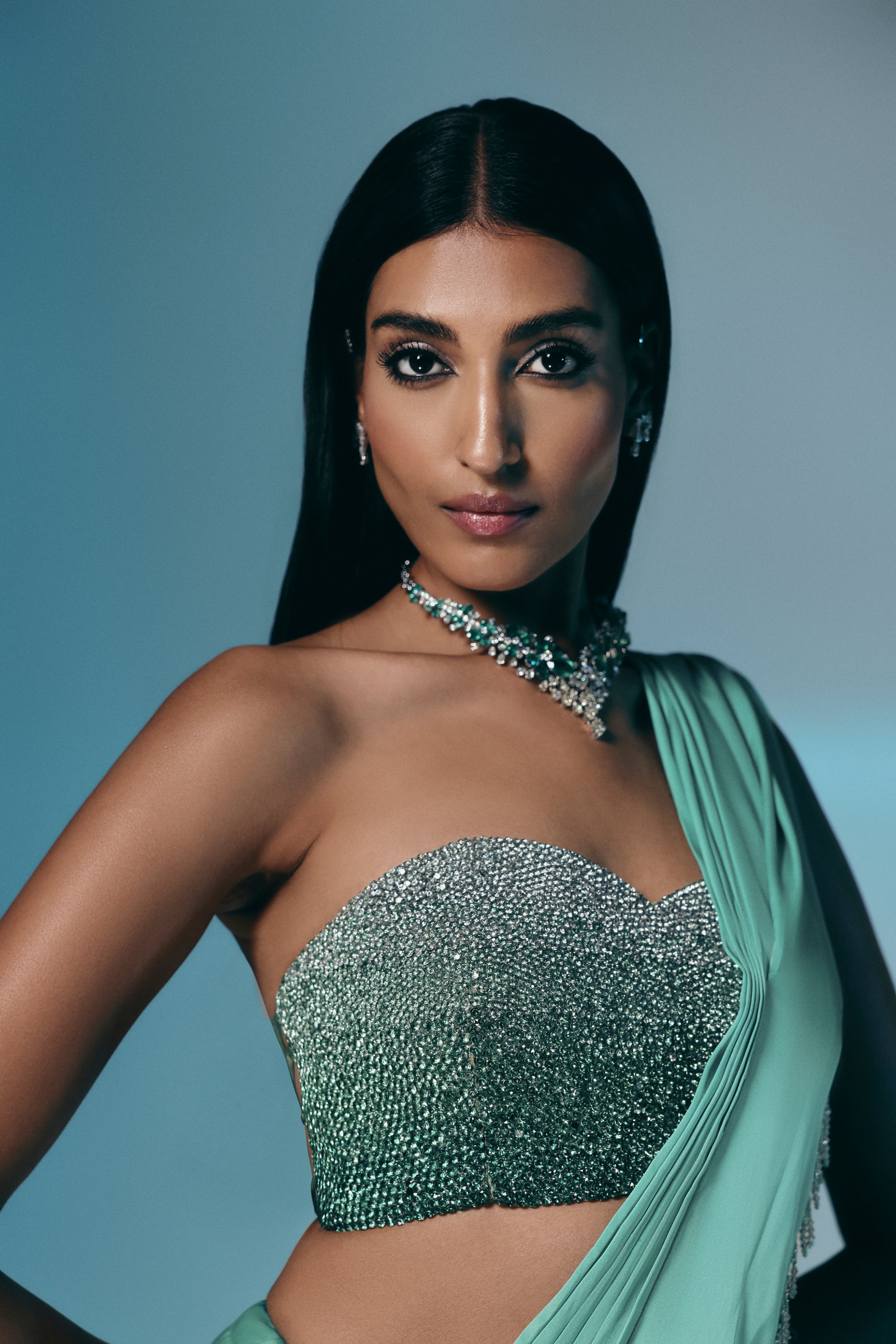 Tidal Aquamarine - Crystal Embellished Saree Set