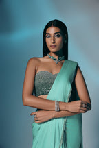 Tidal Aquamarine - Crystal Embellished Saree Set