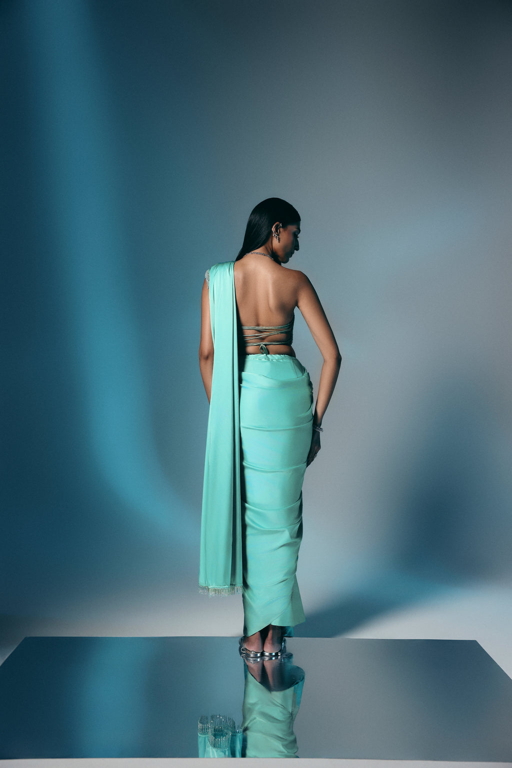 Tidal Aquamarine - Crystal Embellished Saree Set