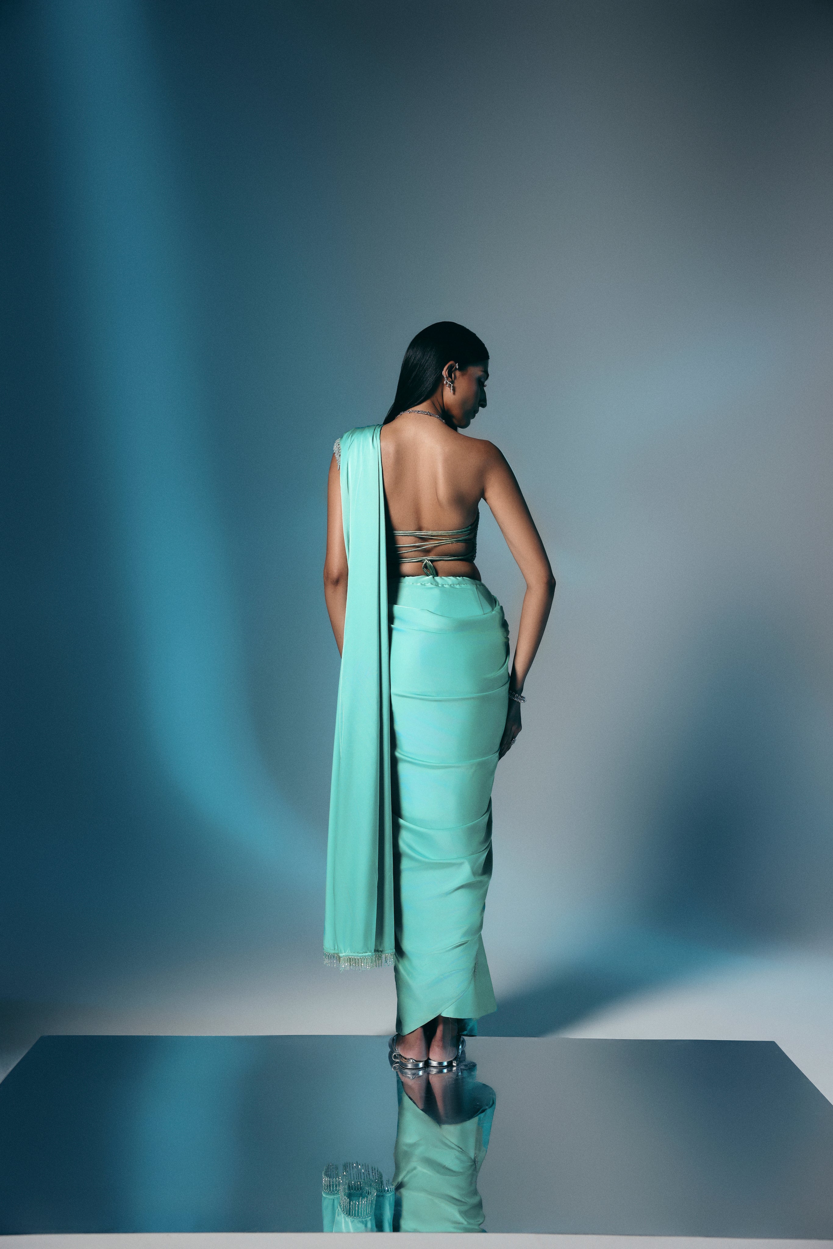 Tidal Aquamarine - Crystal Embellished Saree Set