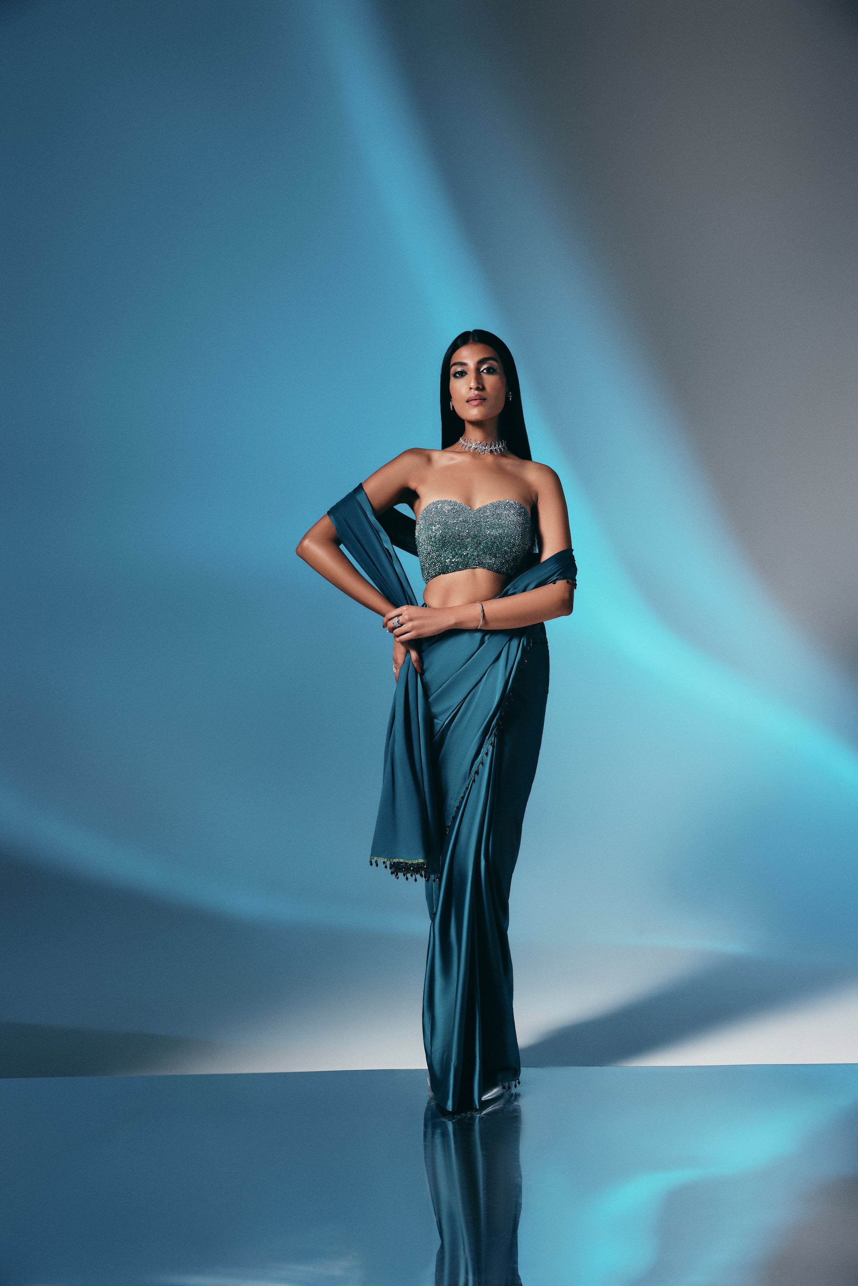 Aurora Emerald - Crystal Embellished Saree Set