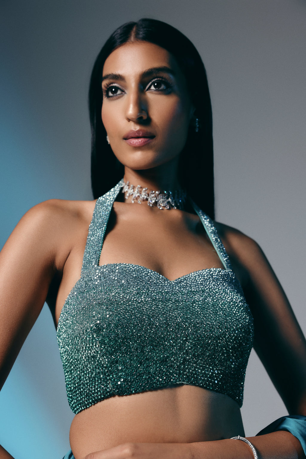 Tidal Aquamarine - Crystal Embellished Saree Set