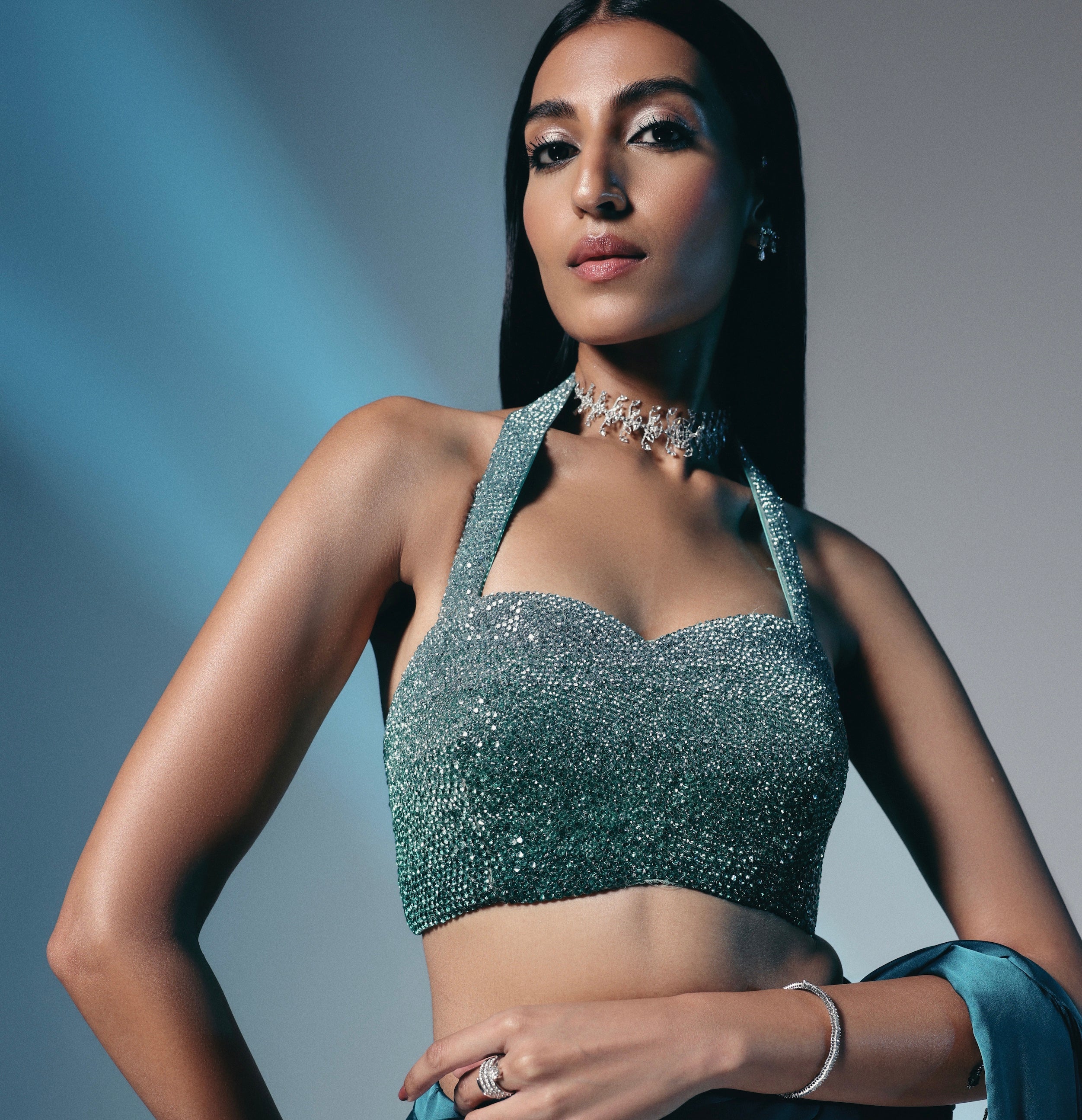 Aurora Emerald - Crystal Embellished Saree Set