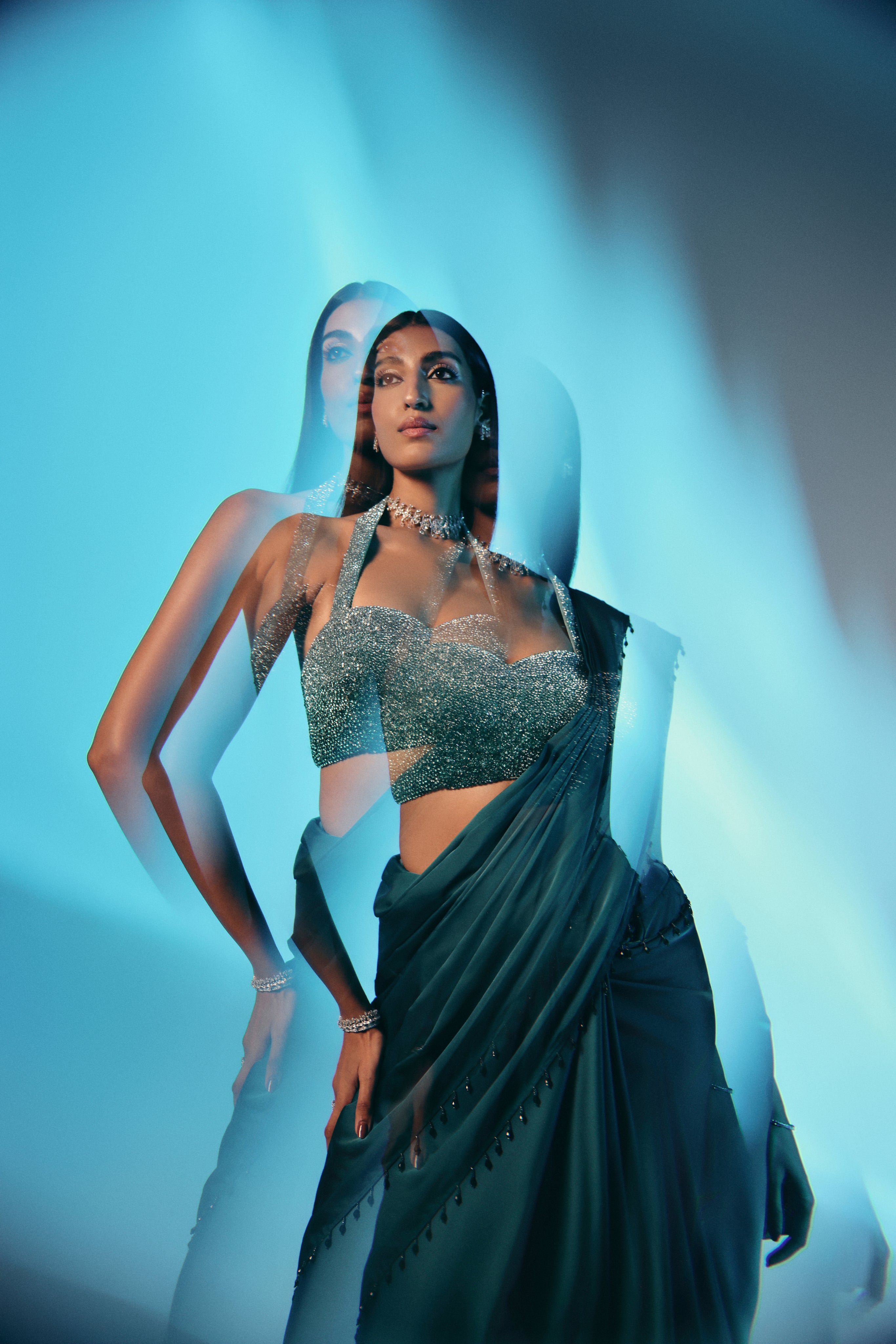 Aurora Emerald - Crystal Embellished Saree Set