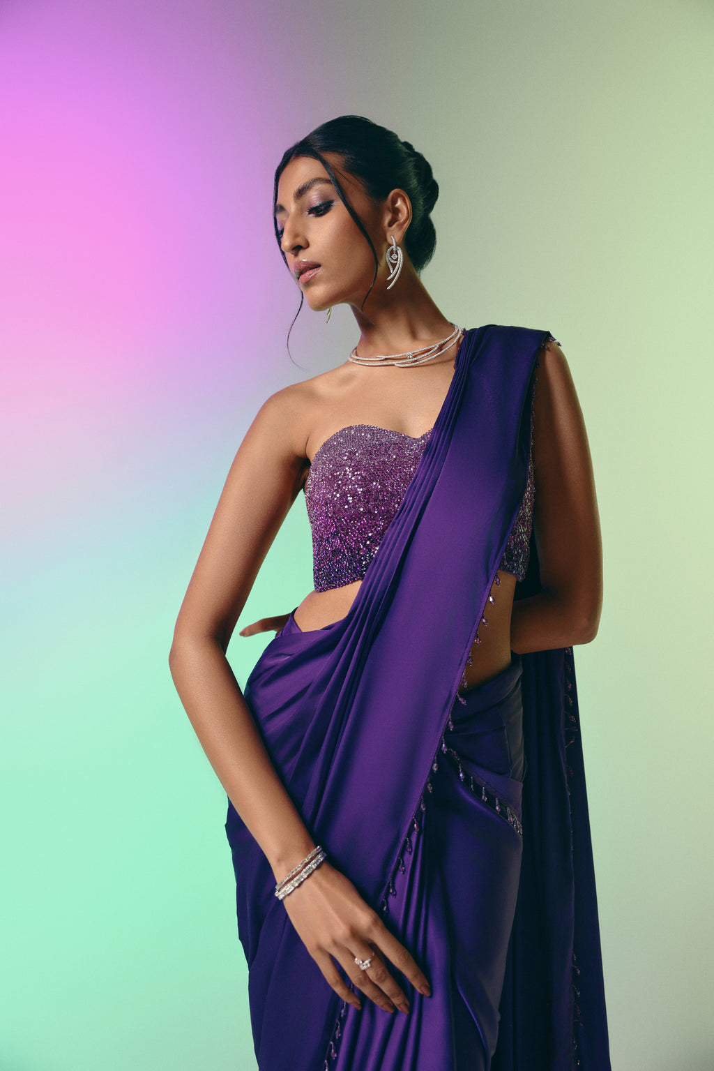 Twilight Amethyst - Crystal Embellished Saree Set