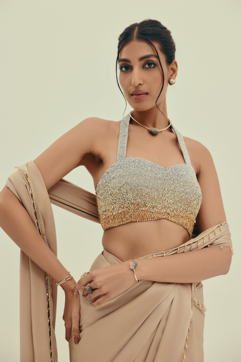Solar Topaz - Crystal Embellished Saree Set