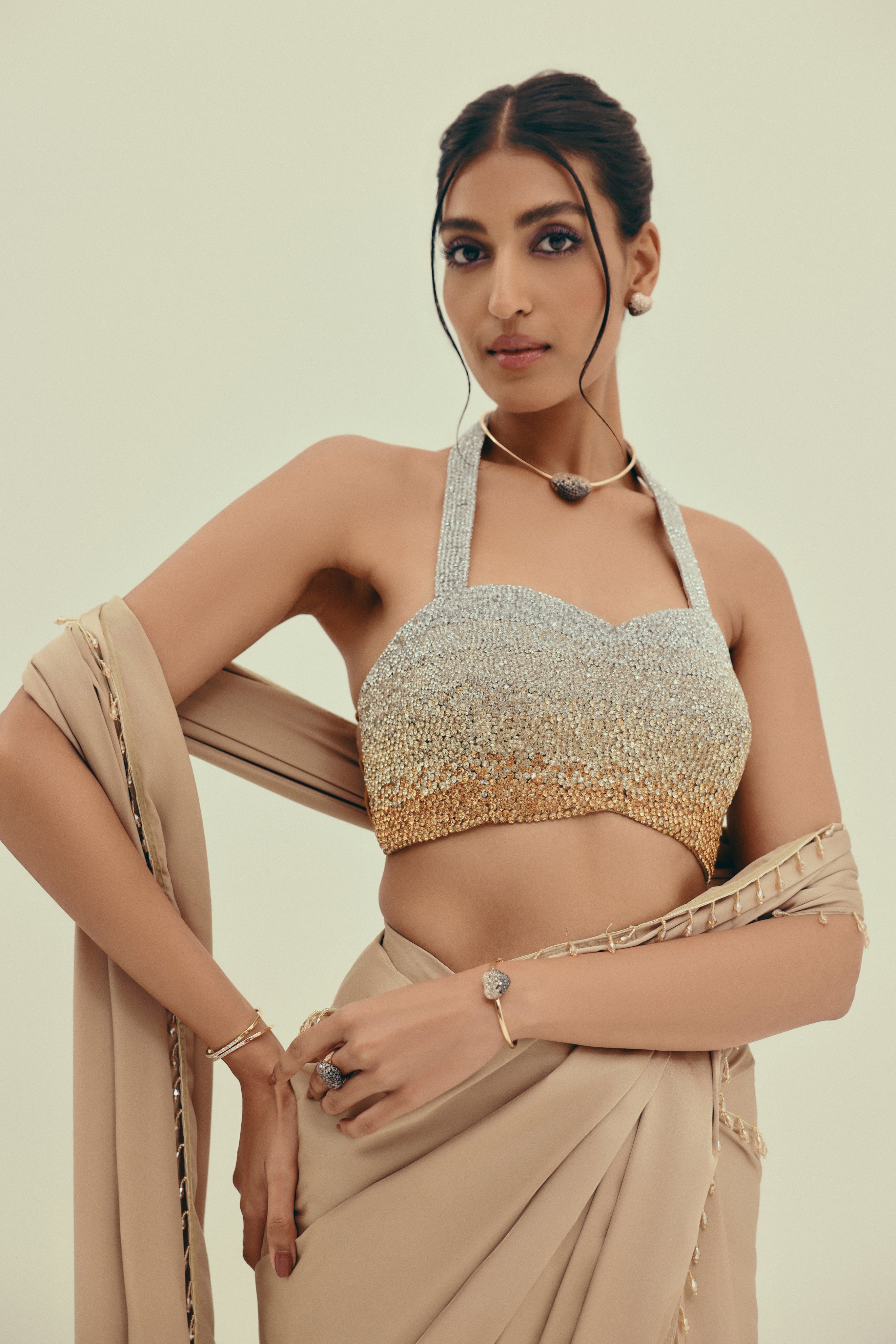 Solar Topaz - Crystal Embellished Saree Set
