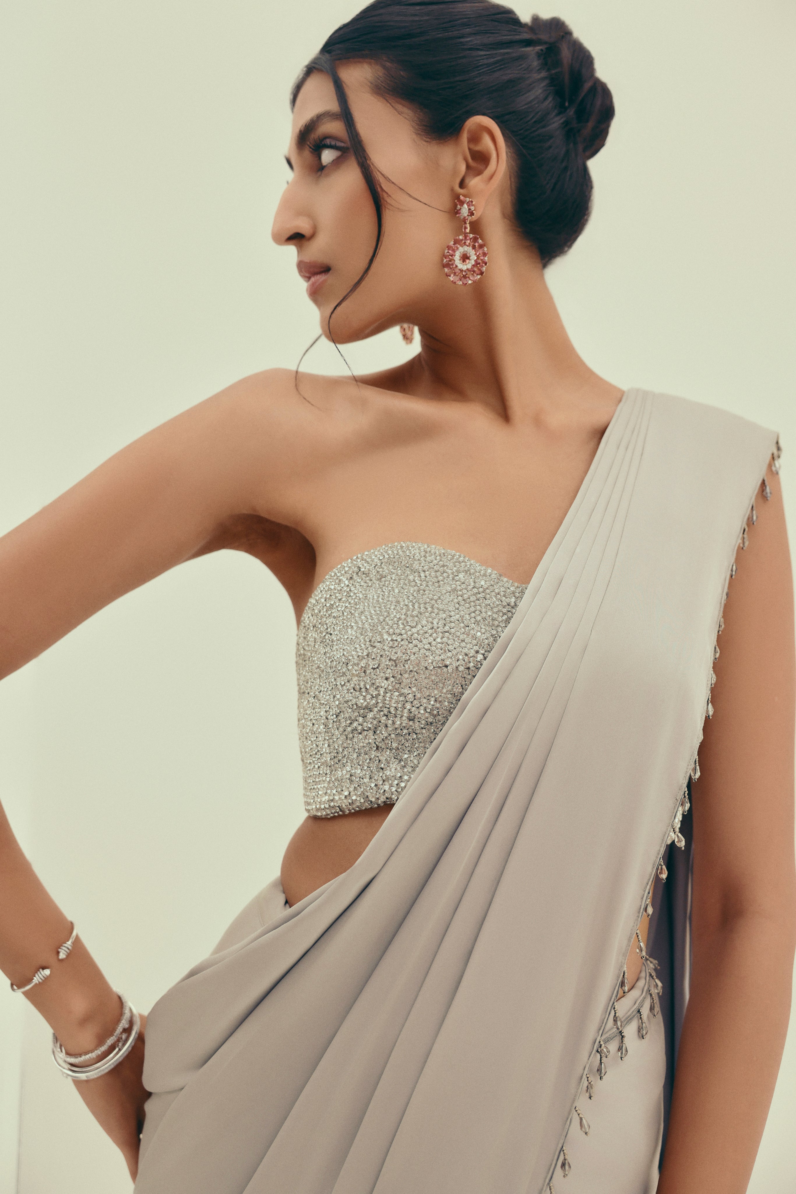 Lunar Moonstone - Crystal Embellished Saree Set
