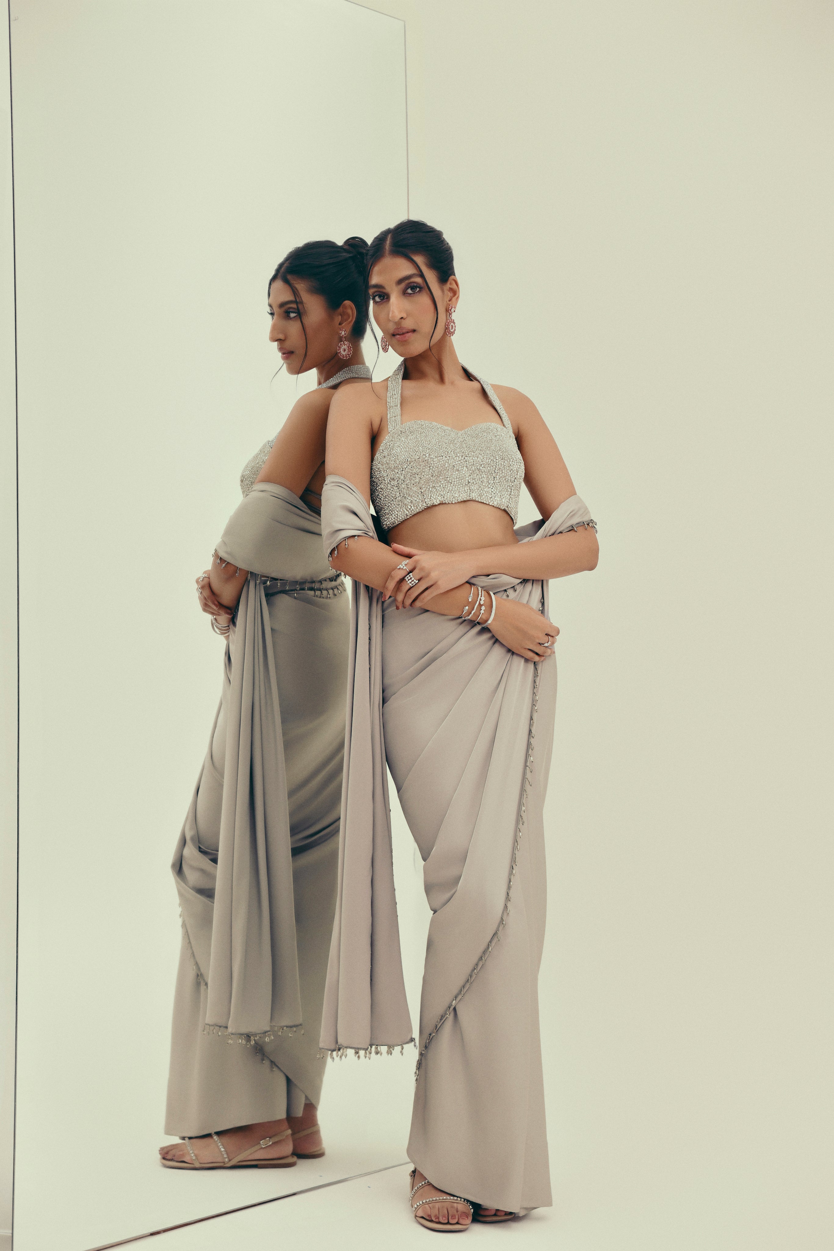 Lunar Moonstone - Crystal Embellished Saree Set