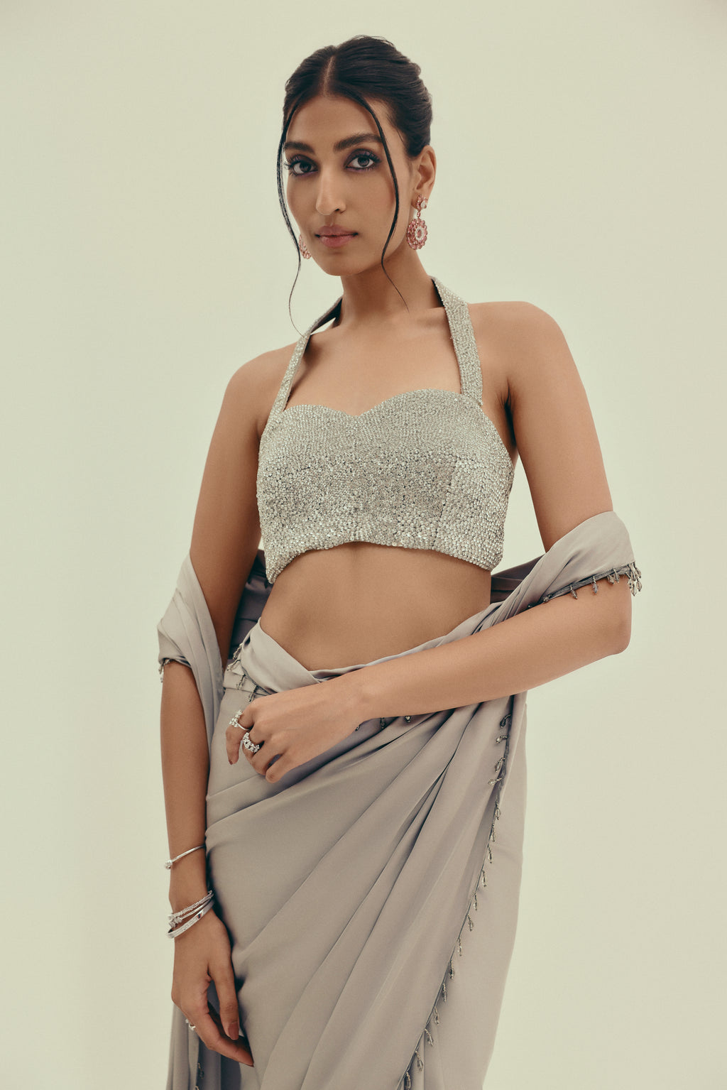 Lunar Moonstone - Crystal Embellished Saree Set