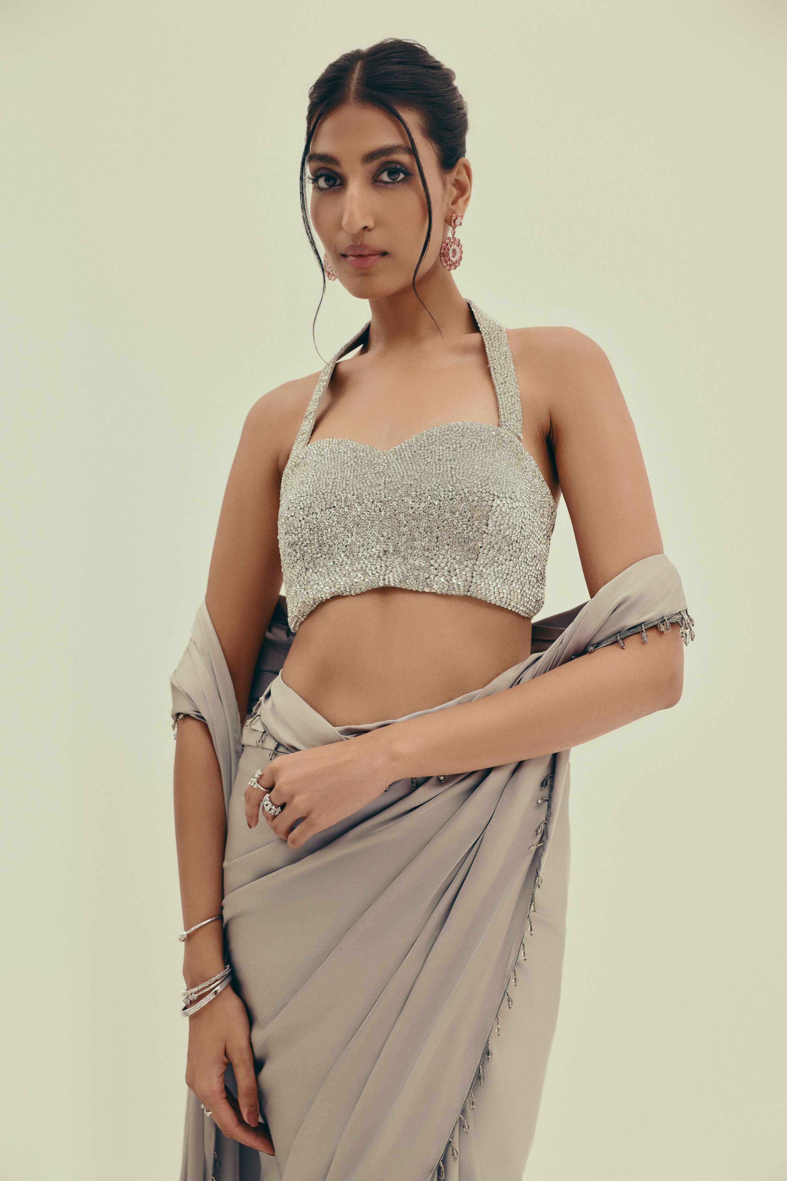 Lunar Moonstone - Crystal Embellished Saree Set