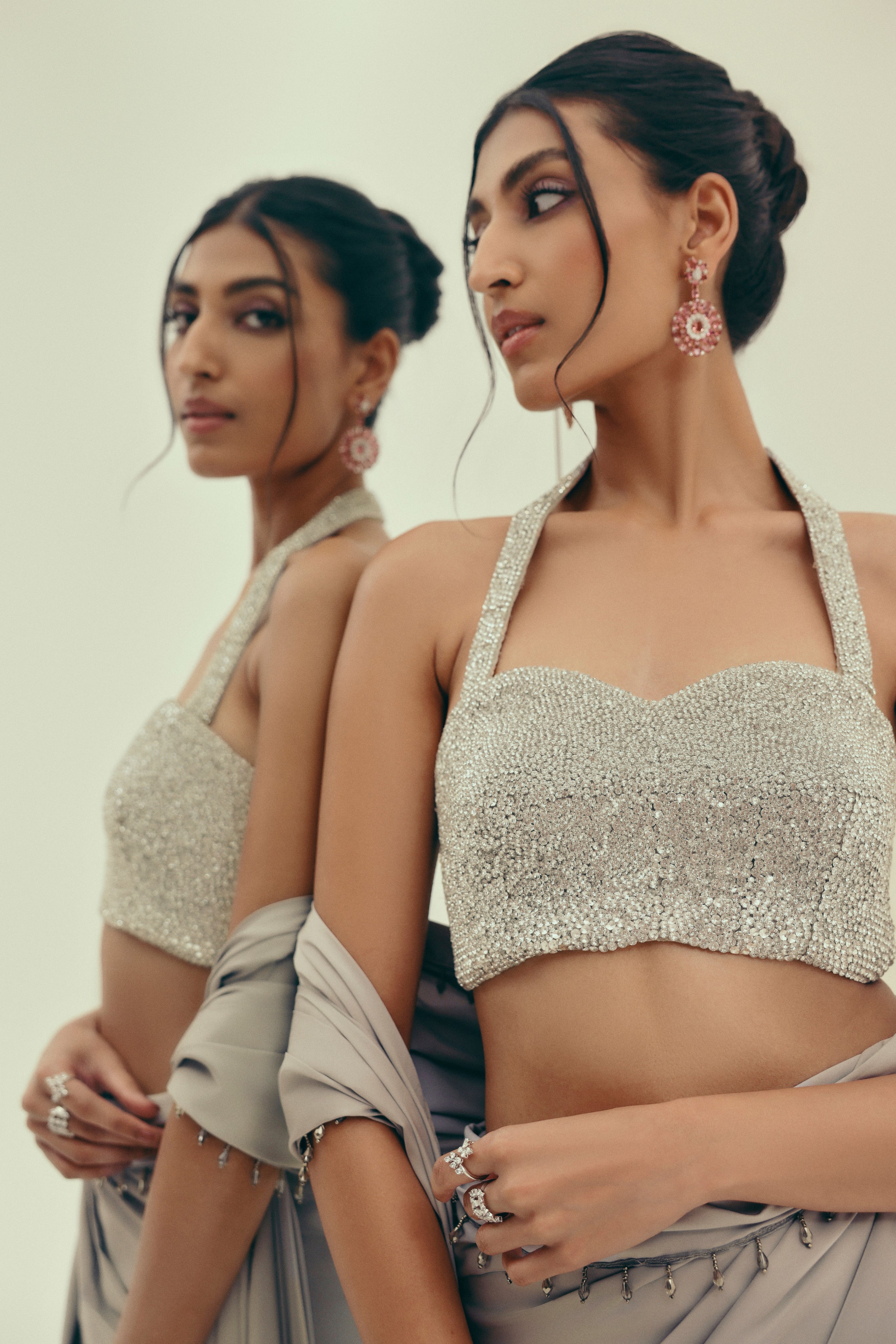 Lunar Moonstone - Crystal Embellished Saree Set