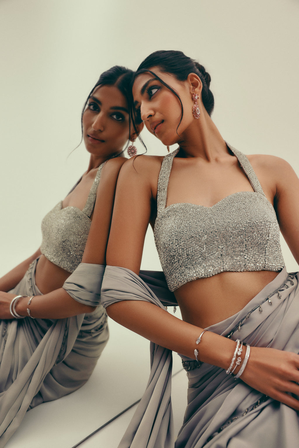 Lunar Moonstone - Crystal Embellished Saree Set